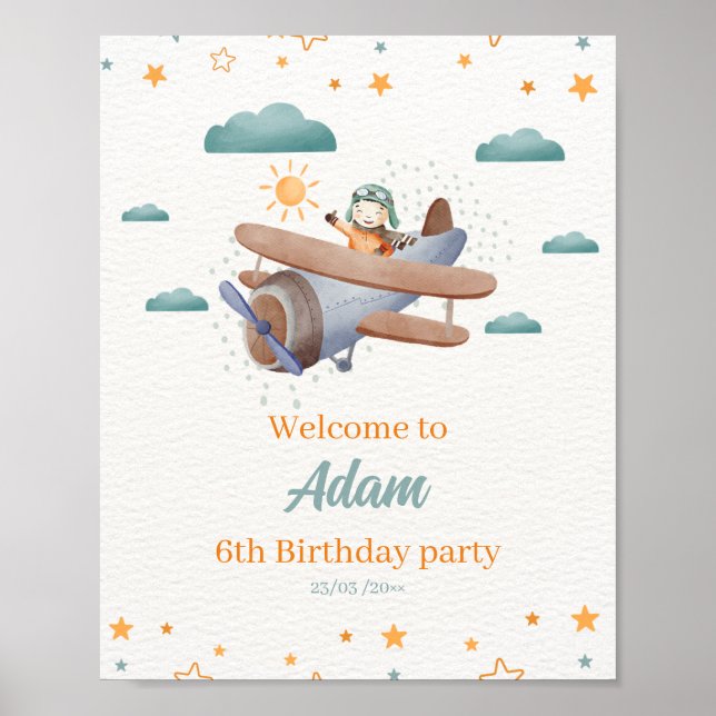 Airplane Blue and Green Watercolor poster paper  (Front)