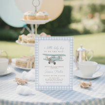 Airplane Blue Gingham Baby Shower Invitation