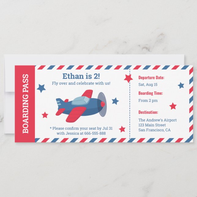 Airplane Boarding Pass Stripes Boys Birthday Party Invitation (Front)