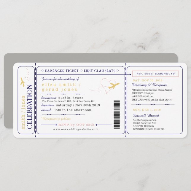 Airplane Boarding Pass Ticket Wedding Invitation (Front/Back)