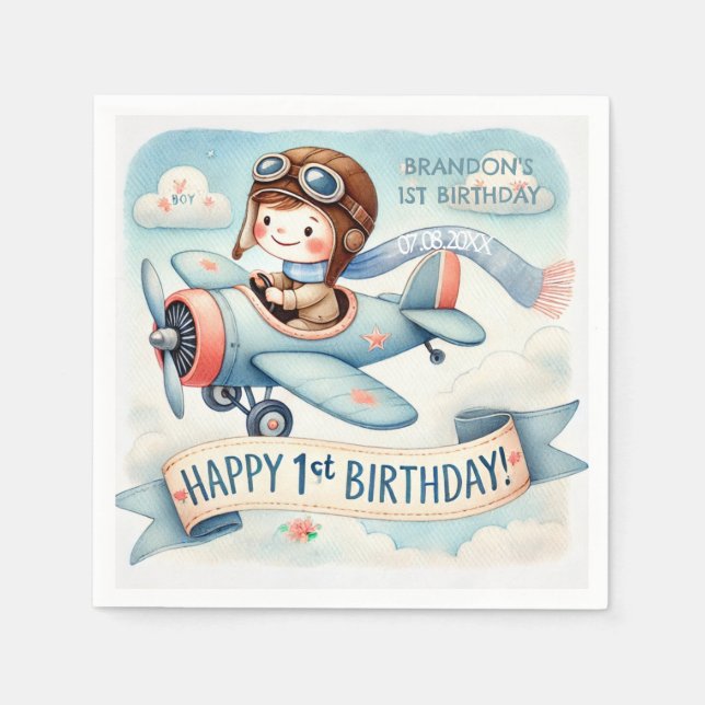Airplane Boy 1st Birthday Party  Napkin (Front)