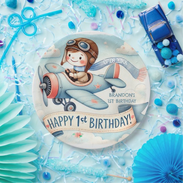 Airplane Boy 1st Birthday Party  Paper Plate (Party)