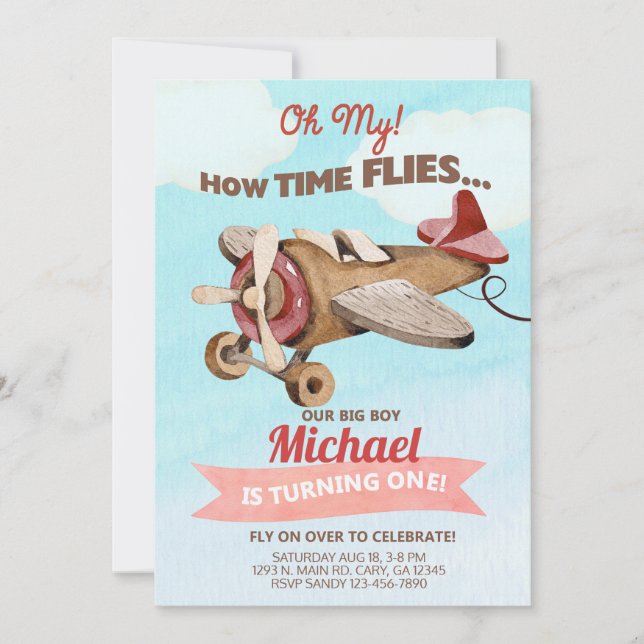 Airplane boy 1st first birthday invitation. invitation (Front)
