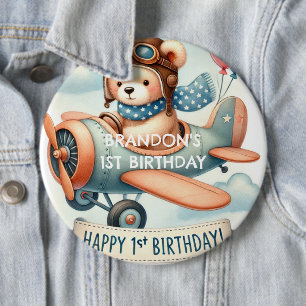 Airplane Boy Bear 1st Birthday Party  6 Inch Round Button