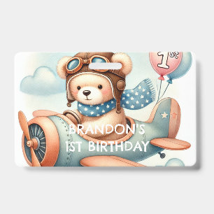 Airplane Boy Bear 1st Birthday Party  Badge