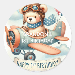 Airplane Boy Bear 1st Birthday Party  Classic Round Sticker