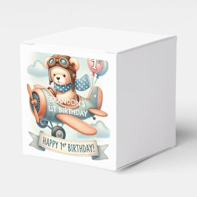 Airplane Boy Bear 1st Birthday Party  Favor Box (Front Side)