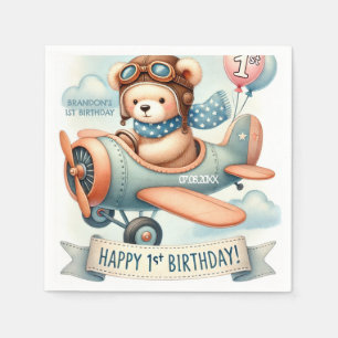 Airplane Boy Bear 1st Birthday Party  Napkin