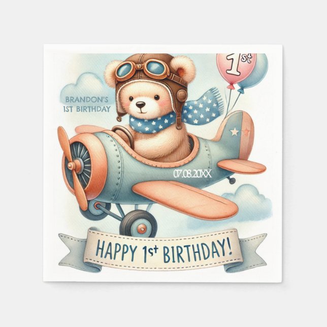 Airplane Boy Bear 1st Birthday Party  Napkin (Front)