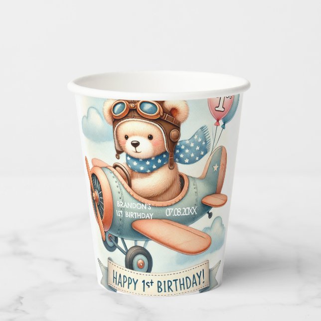Airplane Boy Bear 1st Birthday Party  Paper Cups (Front)