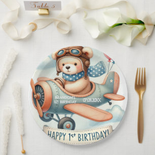 Airplane Boy Bear 1st Birthday Party  Paper Plate