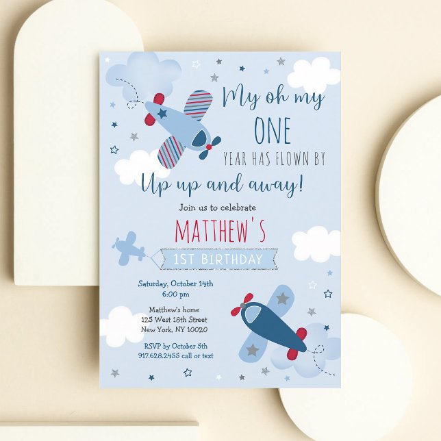 Airplane Boy First Birthday Blue Red Invitation (Creator Uploaded)