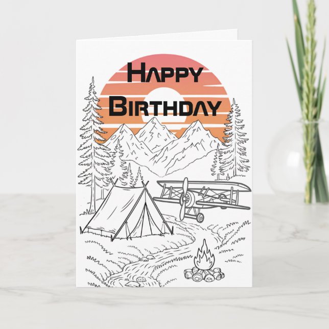 Airplane Camping, Mountains, Sunset, Birthday Card (Front)
