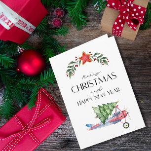 Airplane carries Christmas Tree Family Photo Funny Card