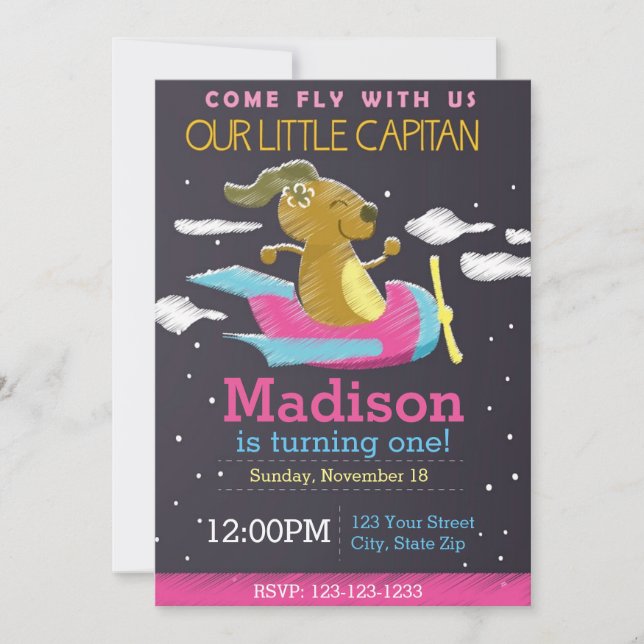 Airplane Chalkboard Birthday Invitation (pink) (Front)