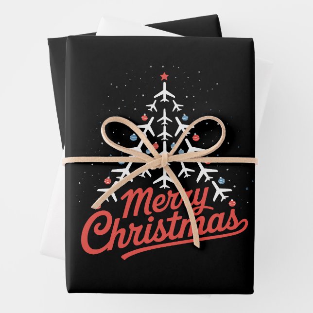 Airplane Christmas Tree Pilot Wrapping Paper Sheet (In situ)