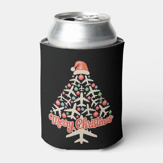 Airplane Christmas Tree Pilot Xmas Holiday Family Can Cooler (Can Front)