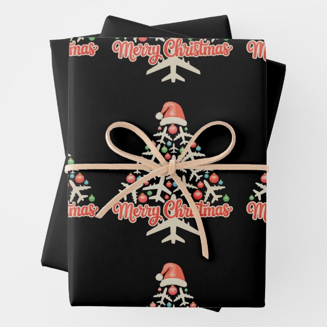 Airplane Christmas Tree Pilot Xmas Holiday Family Wrapping Paper Sheet (In situ)