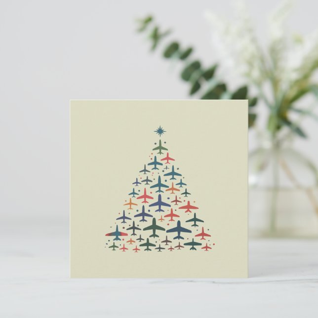 Airplane Christmas Tree Retro Pilot Flying Flight  Holiday Card (Standing Front)
