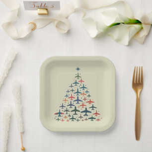 Airplane Christmas Tree Retro Pilot Flying Flight  Paper Plate