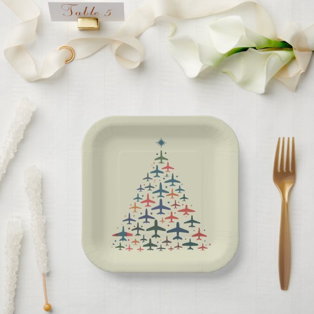 Airplane Christmas Tree Retro Pilot Flying Flight  Paper Plate (Wedding)