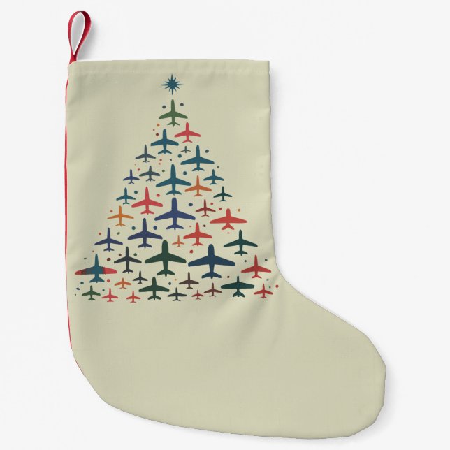 Airplane Christmas Tree Retro Pilot Flying Flight  Small Christmas Stocking (Front)