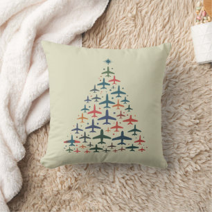 Airplane Christmas Tree Retro Pilot Flying Flight Throw Pillow