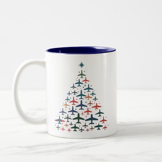 Airplane Christmas Tree Retro Pilot Flying Flight  Two-Tone Coffee Mug (Left)