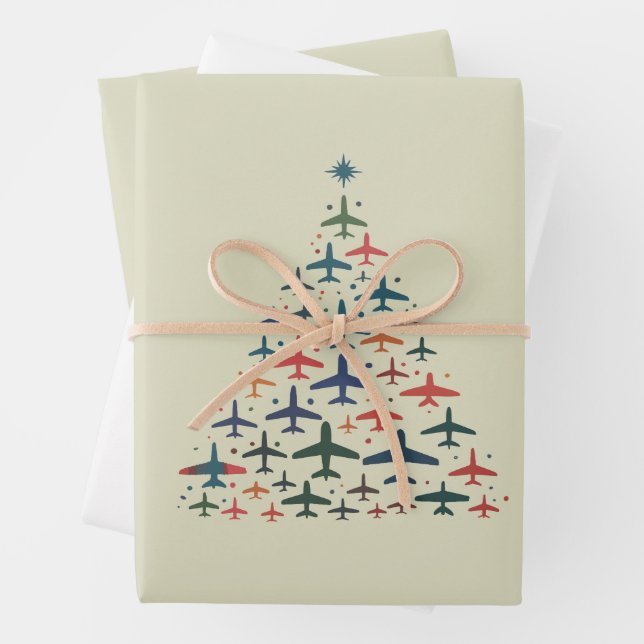 Airplane Christmas Tree Retro Pilot Flying Flight  Wrapping Paper Sheet (In situ)