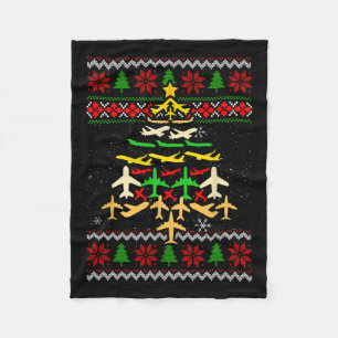 Airplane Christmas Tree Ugly Xmas Sweater Decorati Fleece Blanket