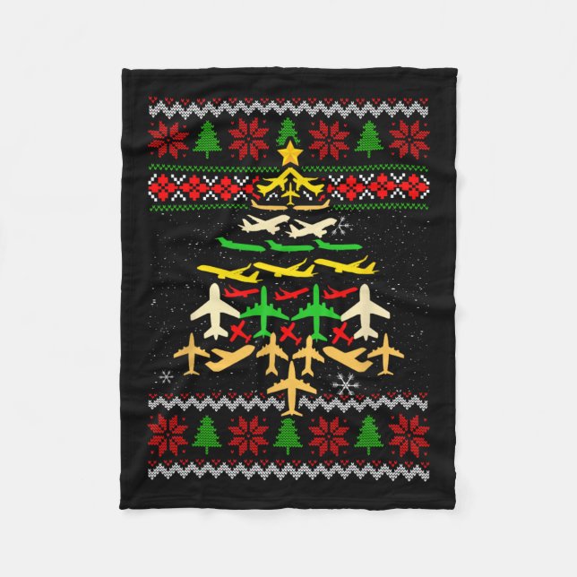 Airplane Christmas Tree Ugly Xmas Sweater Decorati Fleece Blanket (Front)