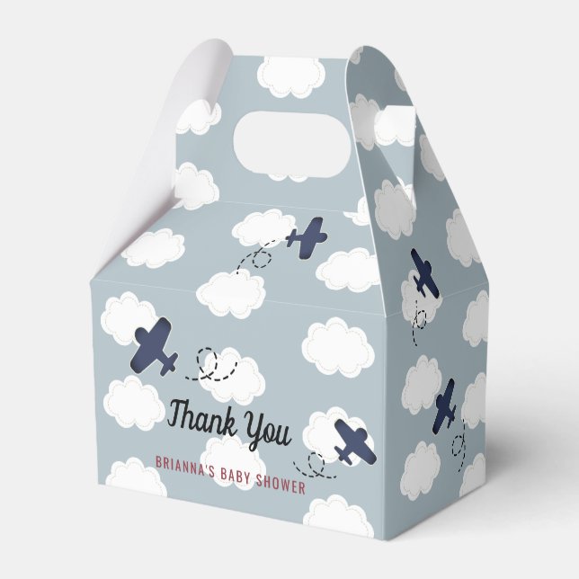 Airplane Clouds Blue Sky Boy Baby Shower Birthday Favor Box (Front Side)
