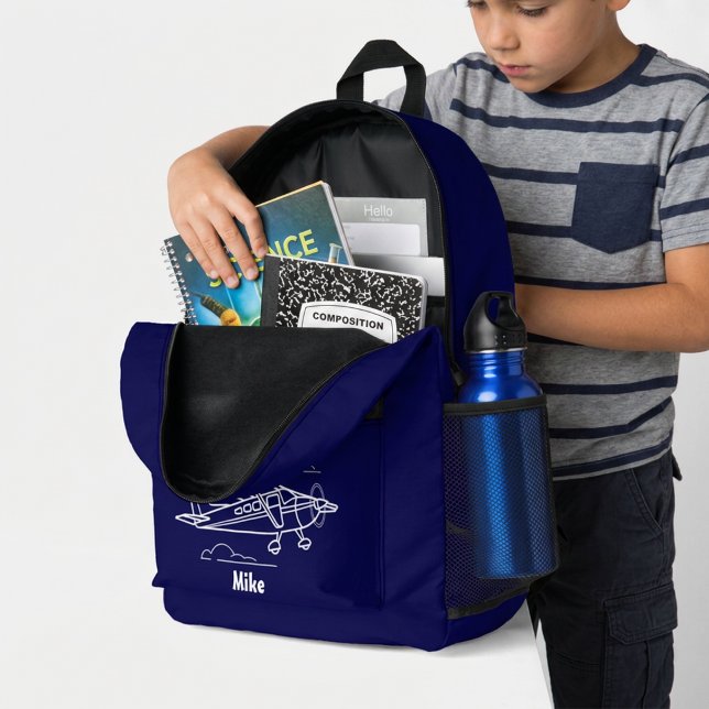 Airplane Clouds Navy Blue Boy Aviation Custom Name Printed Backpack (Creator Uploaded)