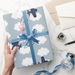 Airplane Clouds Pattern Blue Sky Wrapping Paper