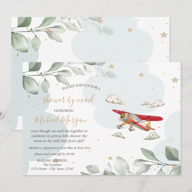 Airplane,Clouds,Stars,Baby Shower By Mail Invitation (Front/Back)
