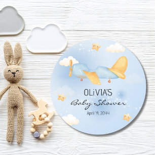 Airplane,Clouds & Stars, Blue, Baby Boy,Cute  Classic Round Sticker