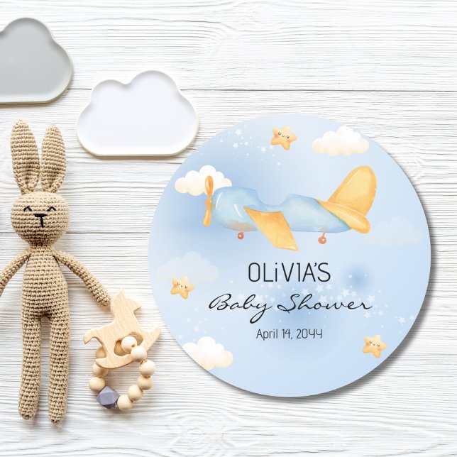 Airplane,Clouds & Stars, Blue, Baby Boy,Cute  Classic Round Sticker (Creator Uploaded)