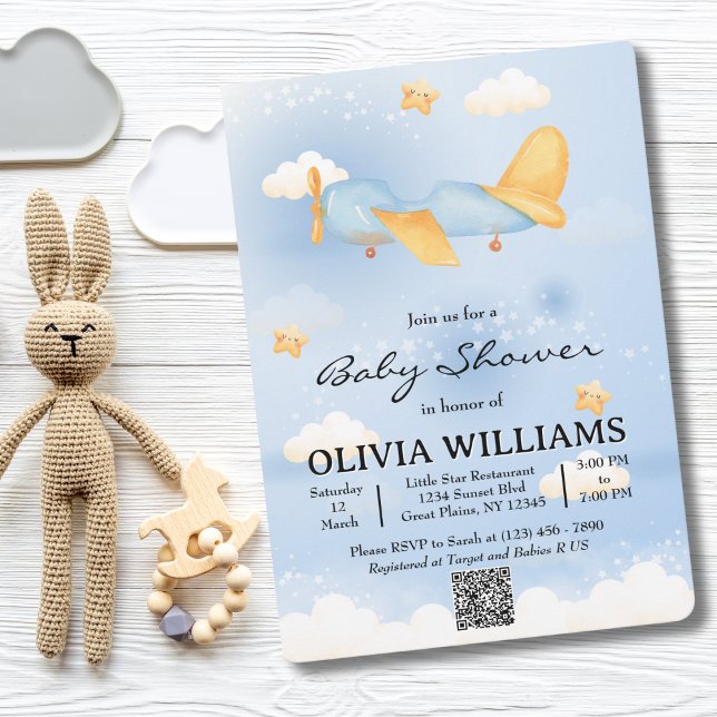 Airplane,Clouds & Stars, Blue, Baby Boy,Cute  Invitation (Creator Uploaded)
