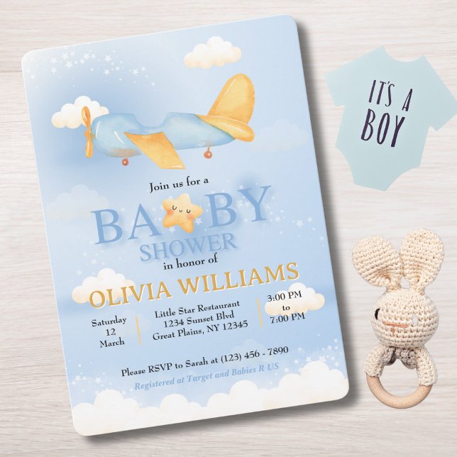 Airplane,Clouds & Stars, Blue, Baby Boy,Cute  Invitation (Creator Uploaded)
