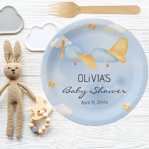 Airplane,Clouds & Stars, Blue, Baby Boy,Cute  Paper Plate