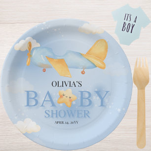 Airplane,Clouds & Stars, Blue, Baby Boy,Cute  Paper Plate
