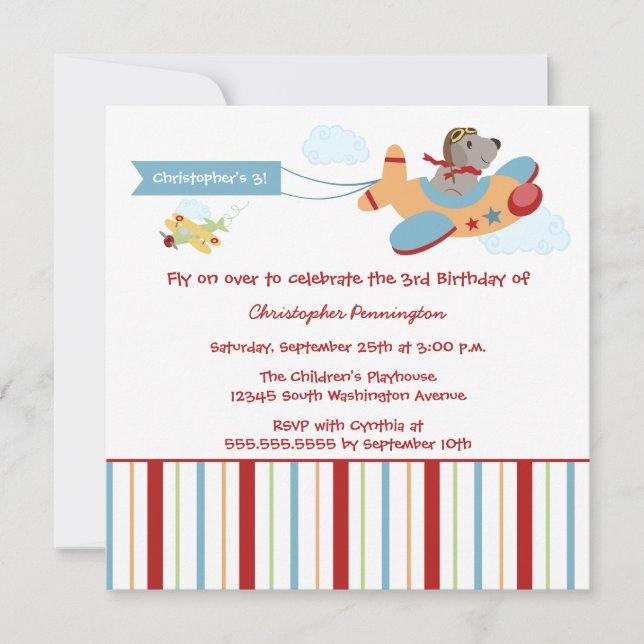 Airplane dog pilot boy's birthday party invitation (Front)