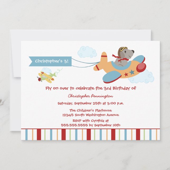 Airplane dog pilot boy's birthday party invitation (Front)