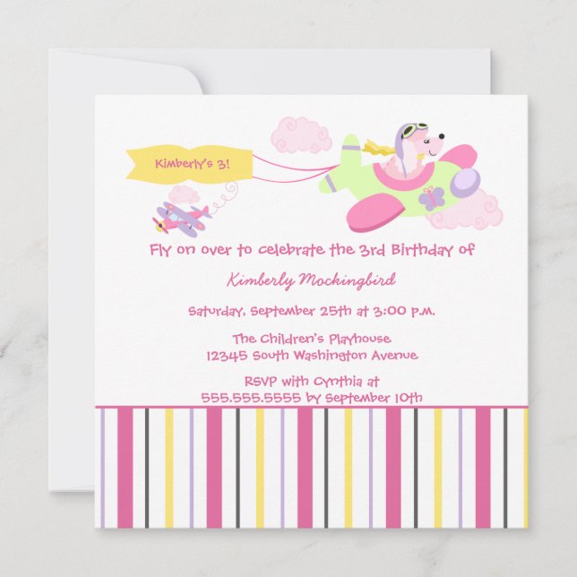 Airplane dog pilot girls birthday party invitation (Front)