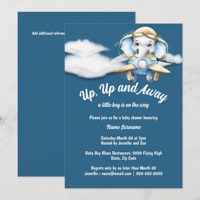 Airplane elephant baby shower blue pilot plane invitation (Front/Back)