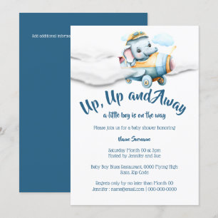 Airplane elephant baby shower boys blue safari  invitation