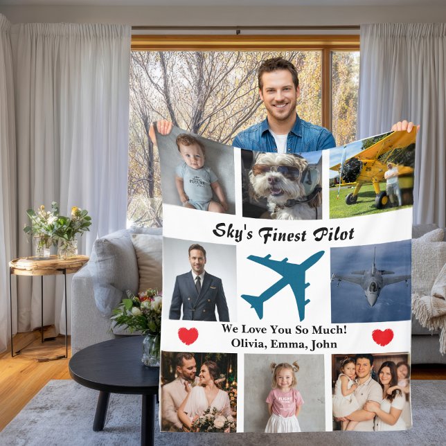 Airplane Family Photo Collage Sky's Finest Pilot Fleece Blanket (Creator Uploaded)
