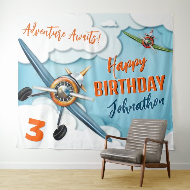 Airplane Fighter Pilot Boy Birthday Backdrop Tapestry (In Situ (Horizontal))
