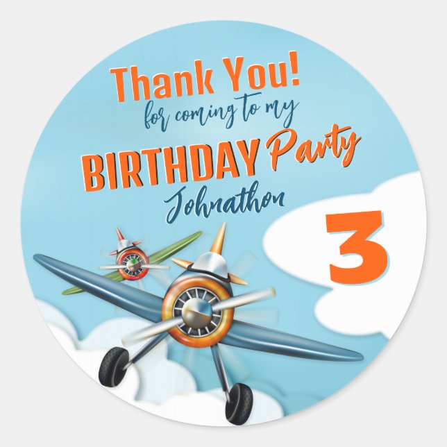 Airplane Fighter Pilot Boy Birthday Classic Round Sticker (Front)