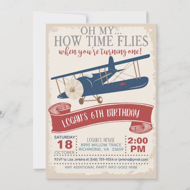 Airplane First Birthday Invitation Boy (Front)